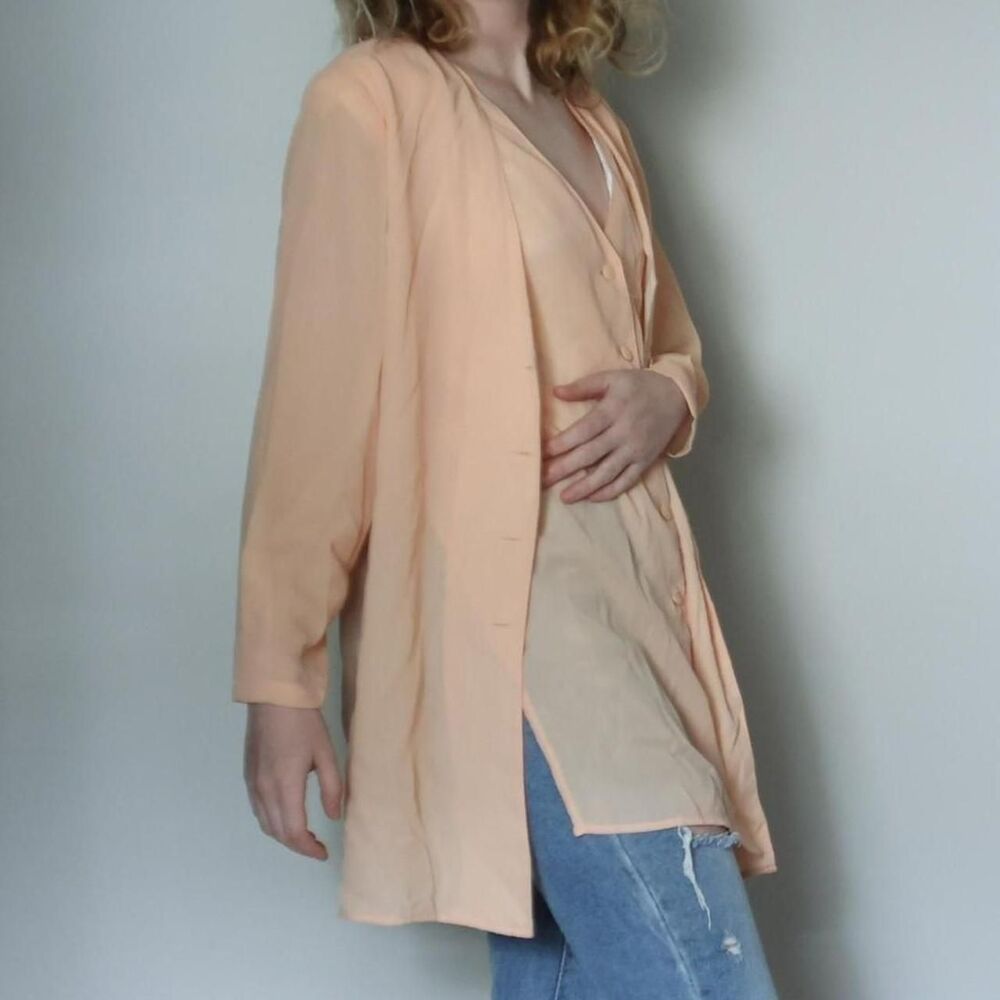 Vintage 80s Pastel Peach Layered Sheer Button Up Down Jacket Top Blouse